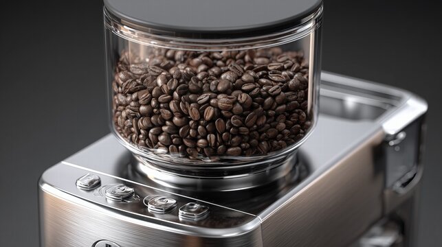 Transparent glass coffee bean hopper on chrome espresso machine, filled with dark roast beans, natural light highlighting purity, product photography for Coffee Day