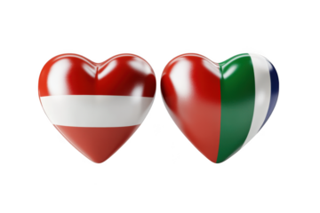 Two hearts with flags of latvia and south africa, love, friendship, country, nation, patriotic, symbol isolated on transparent background