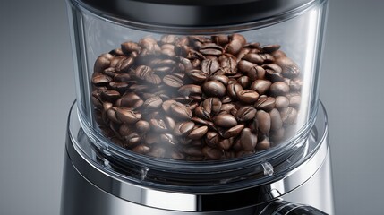 Transparent glass coffee bean hopper on chrome espresso machine, filled with dark roast beans, natural light highlighting purity, product photography for Coffee Day