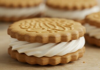 A close-up of a handcrafted cookie sandwich featuring golden biscuits and a generous swirl of white cream