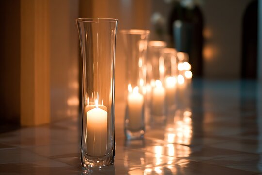 Tall glass candle holders with white candles inside, placed along a hallway for ambient glow