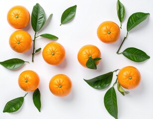 Several vibrant oranges are scattered on a clean white surface, adorned with leafy green sprigs, creating a fresh, natural, and visually appealing arrangement