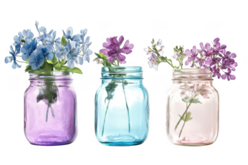 Pastel mason jars with flowers clipart, floral arrangement illustration, spring bouquet, watercolor style, transparent background, isolated on transparent background