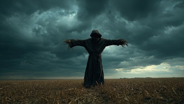 A scarecrow in a dark robe stands in a vast field under a stormy sky - Powered by Adobe