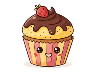Cute kawaii chocolate cupcake with strawberry topping and smiling face