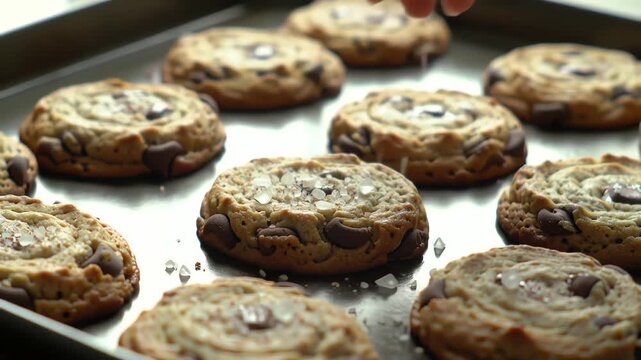 A baker's hand sprinkling flaky sea salt on delicious warm homemade chocolate chip cookies on a baking sheet