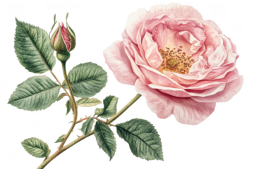 Vintage pink rose flower illustration with bud and green leaves, botanical art, floral design element, watercolor style, isolated on transparent background