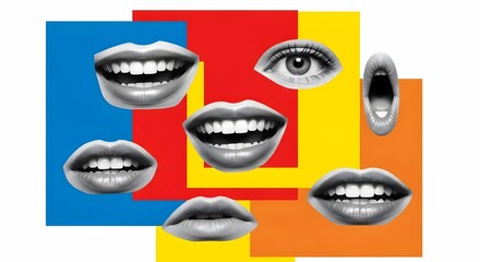 Human Mouth and Eye with Primary Color Blocks, Modern Pop Art