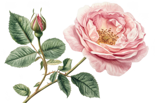 Vintage pink rose flower illustration with bud and green leaves, botanical art, floral design element, watercolor style, isolated on transparent background - Powered by Adobe