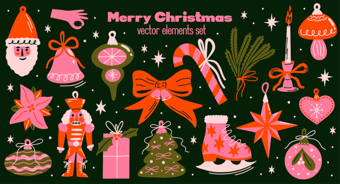 Merry Christmas vector sticker set. Collection of retro groovy funky cartoon illustration with bauble, festive ornaments, tree, bow knot, nutcracker, gift, xmas holiday decor elements for design	