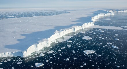 Aerial view of a vast Antarctic ice shelf, calving icebergs into a dark ocean, showcasing the dramatic contrast between ice and water. Iceland Antarctica view of ice bergs icy landscape. Snow and ices