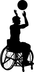 Powerful wheelchair basketball silhouette of a man releasing a precise shot toward the hoop.