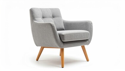 Isolated gray armchair with button-tufted backrest and wooden legs sits on a white background, showcasing clean lines and a modern, minimalist aesthetic