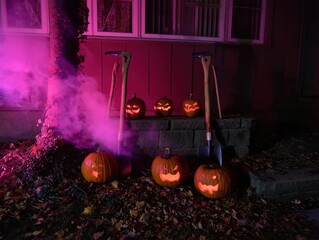 Glowing and smoking pumpkin decoration at the yard gate
