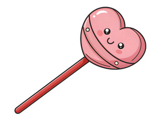 Cute pink heart shaped lollipop with a happy face on a red stick