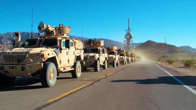 Cinematic tracking shot of a military convoy of armored vehicles traveling on a remote desert highway