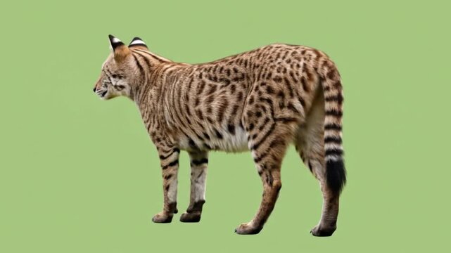 Striped wildcat poses on green backdrop
