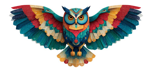 Naklejka premium Colorful Illustrated Owl with Stylized Wings and Geometric Patterns