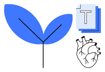 Blue stylized leaf with simple stem, anatomical heart outline, and stacked text. Ideal for health, sustainability, communication, education, wellness, science and a simple landing page
