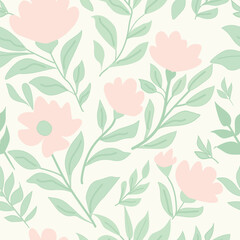 Seamless Pastel Floral Pattern with Green Leaves and Pink Flowers – Vector Background Design
