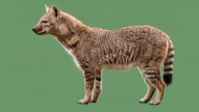 Striped wolf strides against green backdrop