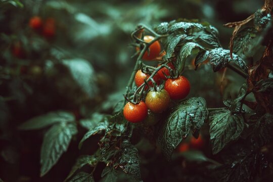 Lush green foliage with a cluster of ripening red and green tomatoes