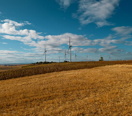 Wind turbines generating renewable electricity across agricultural farmland, green fields stretching toward blue horizon with clean energy infrastructure