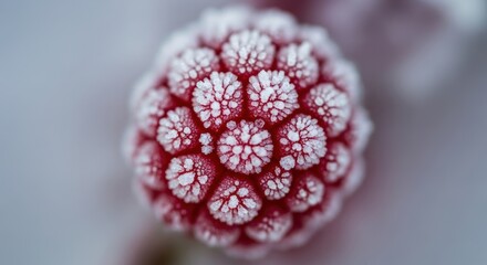 Close-up of frost-covered raspberry with intricate ice crystals
