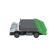 A clean 2D flat vector illustration of a modern garbage truck, shown in a side view with minimalist solid grey and green colors, isolated on a bright white background.