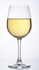 A clear wineglass is filled with yellow-tinted liquid against a bright white background. Minimalist shot emphasizing clarity and form
