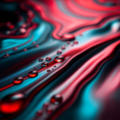 Red And Teal Liquid Waves With Scattered Droplets