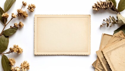Aged rectangular photo frame with scalloped edges, centered amongst dried floral elements, set against a clean white backdrop