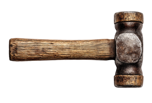Close-up of a weathered hammer with a wooden handle