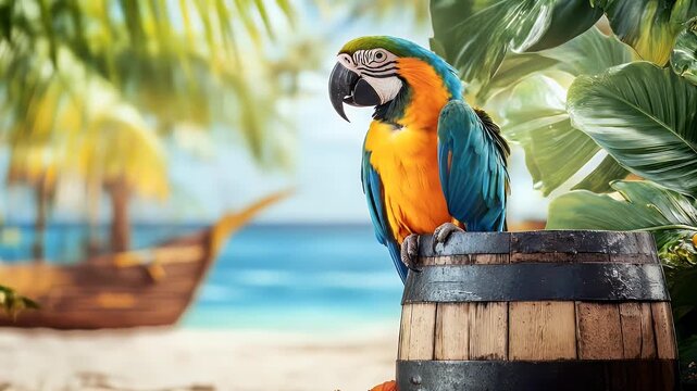 Vibrant macaw parrot perched atop a rustic wooden barrel on a tropical beach framed by lush green foliage bright sunlight and a blurred seascape