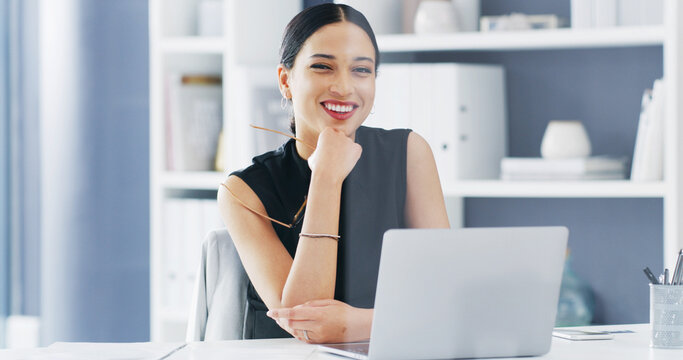 Portrait, business and woman with laptop, smile and email with budget report, pride and internet. Person, employee and investor in workplace, pc and research for stock market and proposal for funding