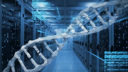 Futuristic DNA strand rotating in a high-tech server room with digital data streams and information - Powered by Adobe