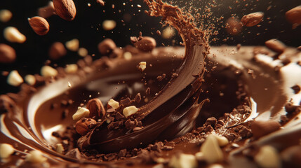 Chocolate swirl with cocoa beans and hazelnut fragments creates rich and indulgent texture, evoking luxurious and delicious treat for dessert lovers