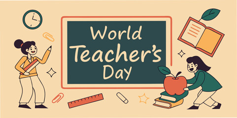 Celebrating World Teacher's Day with Appreciation and Educational Elements in a Cartoon Style Illustration