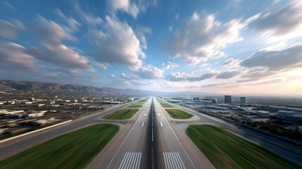 Runway to Horizon: A breathtaking aerial view of an airport runway, extending towards the horizon under a vast sky with dramatic clouds, encapsulating the concepts of travel and progress.