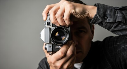 Adult caucasian male photographer holding vintage camera in studio setting
