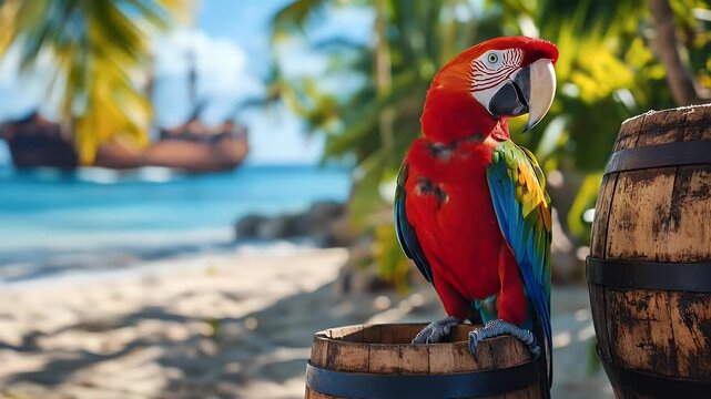 Vibrant parrot perched on wooden barrel with colorful plumage against a blurred beach and ship background with bright tropical colors