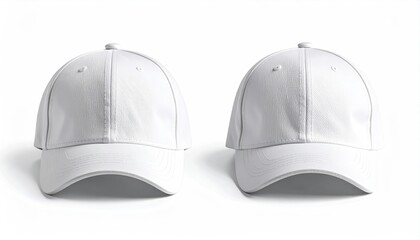 Two blank white baseball caps, displayed side-by-side on a white background, angled slightly to show the front and side details