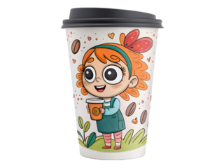 Cute cartoon girl with big eyes holding a coffee cup on a decorated paper cup