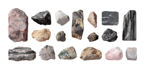 Assorted rocks and minerals displayed in a grid format.  Different colors and textures are visible