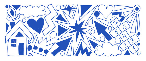 Naive childish elements crayon drawn set. Brush stroke heart and house, hopscotch, sun and clouds doodle shapes isolated on white background. Kindergarten school chalk figures. Vector illustration.