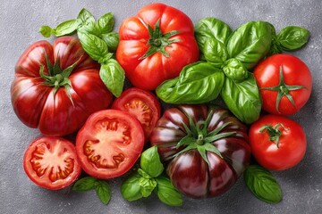Overhead shot of various tomatoes and basil leaves