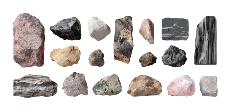 Assorted rocks and minerals displayed in a grid format.  Different colors and textures are visible