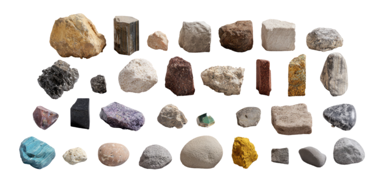 Various rocks and minerals, diverse in shapes and colors