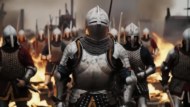 Medieval knights in full metal armor leading their army forward on a burning battlefield at night