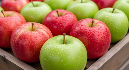 Vibrant Red and Green Apples with Sparkling Water Droplets in a Rustic Wooden Tray, Freshly Harvested and Healthy Produce